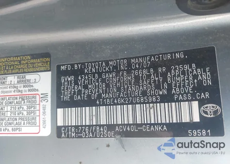 2007 Toyota Camry Le из США, поврежденный, VIN 4T1BE46K27U685983